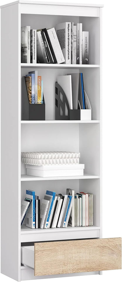 AKORD | Office Bookcase 60 cm | Cabinet with 1 Drawer 4 Shelves | Book Holder | Bedroom Cabinet | Living Room Shelf, Space-Saving | Wit/Sonoma