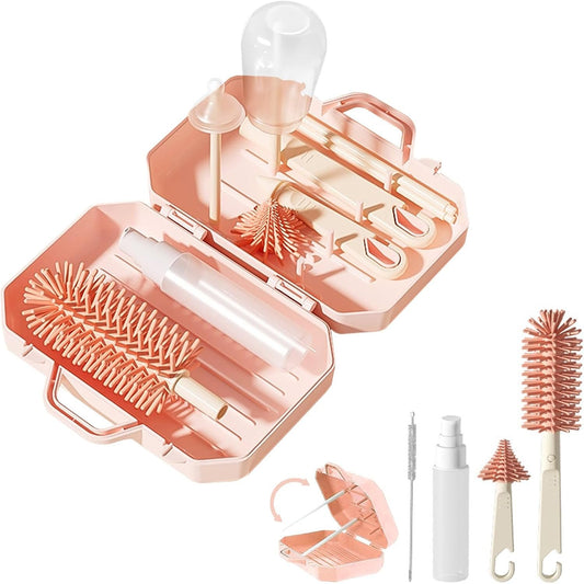KBAKOS Baby Bottle Brush Set, 6-in-1 Travel Kit with Silicone Bottle Brush, Pacifier Brush, Straw Brush, Soap Dispenser, Drying Rack, Storage Box (Pink)
