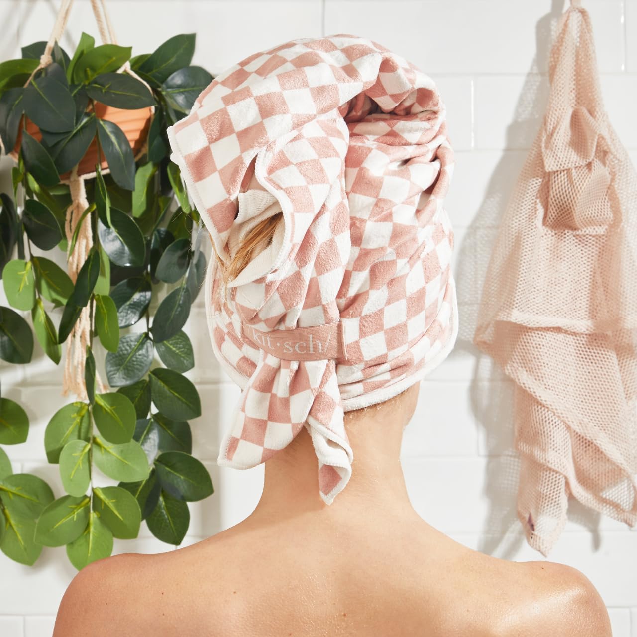 Kitsch XL Microfiber Hair Towel Wrap for Women - Microfiber Towel, Super Absorbent, Quick Dry, Anti-Frizz - for Long & Short Hairs, Turbans for Women - Terracotta Checker