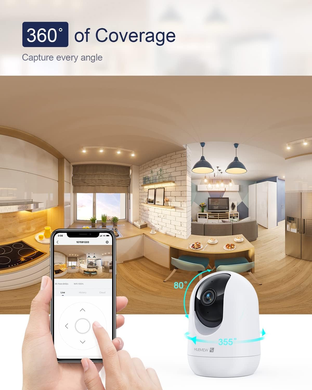 MUBVIEW Cameras for Home Security, 2,4G WiFi 2K Indoor Wired Security Baby/Pet Camera with Phone App, Night Vision, 24/7 Record, 2-Way Audio, Motion Tracking, SD and Cloud Storage