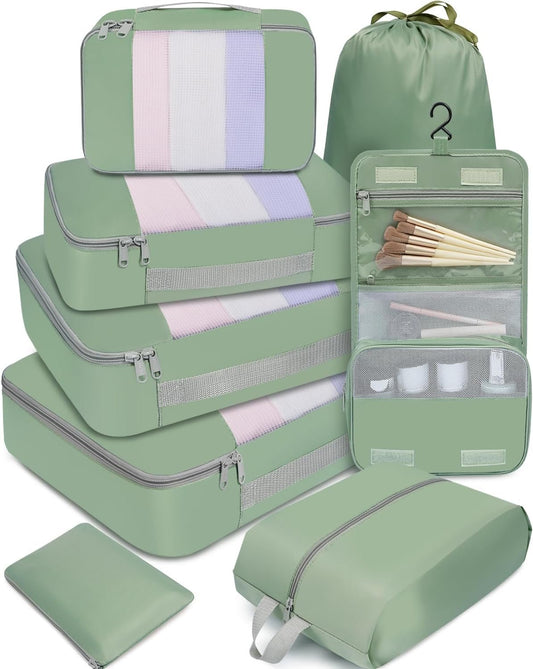 BAGAIL 8 Set Packing Cubes Various Sizes Packing Organizer for Travel Accessories Luggage Carry On Suitcase-Matcha Green