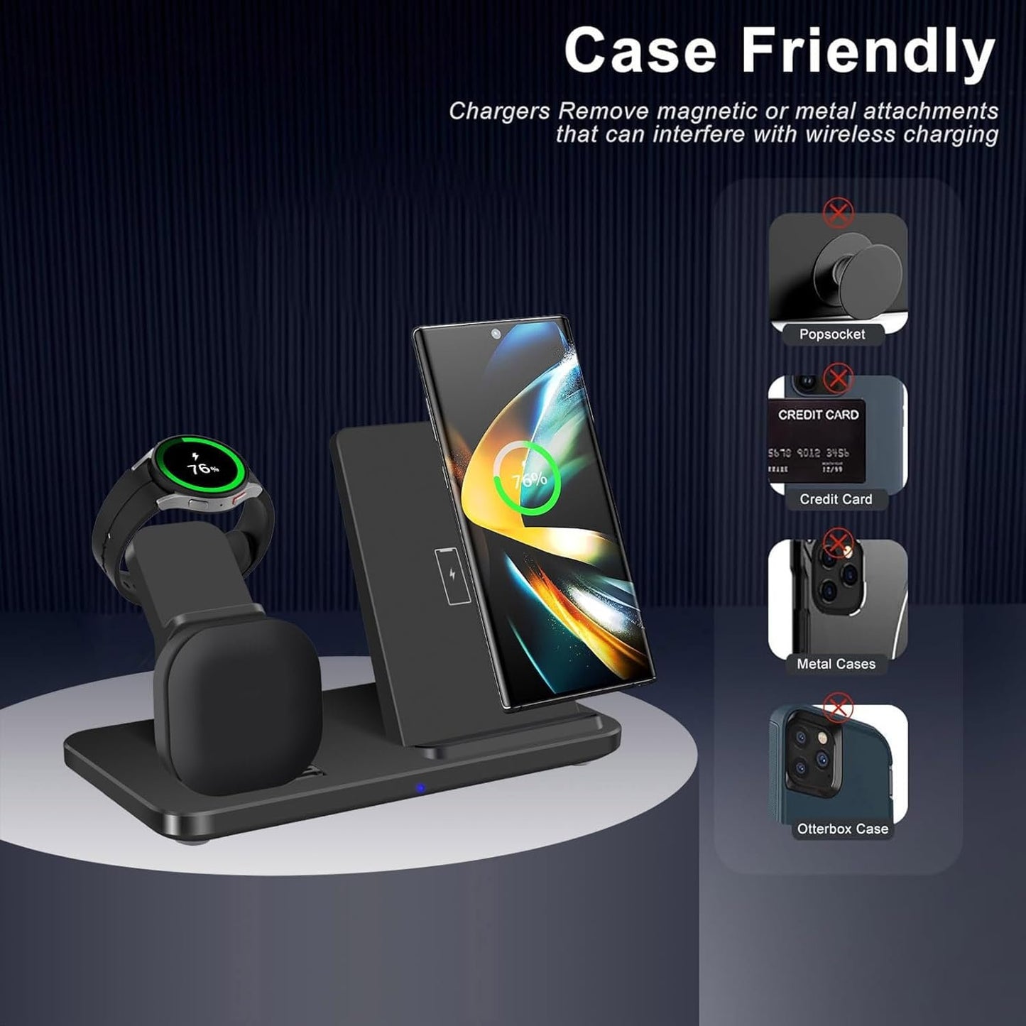 3 in 1 Wireless Charger, Fast Wireless Charging Station Stand for Samsung Galaxy S25/S24/S23/S22/S21/S20/S10,Note20/10/9, Galaxy Buds Pro/Live, Galaxy Watch7/6/5 Pro/5/4/3/Active 2