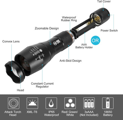 Red Green White Flashlight, 1000 lumens Powerful LED Waterproof Adjustable Focus Tactical Torch for Fishing, Hiking, Camping, Caving, Outdoor Activities