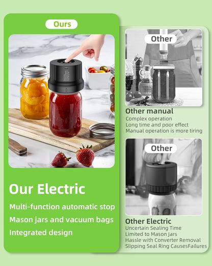 Electric Mason Jar Vacuum Sealer, Cordless 3-in-1 Vacuum Sealer Kit for Wide/Regular Mouth Jars, Wine Bottles & Containers, Food Storage & Fermentation (Black)