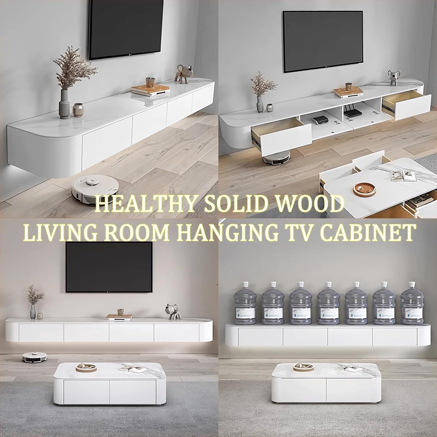 Coubird Solid Wood Suspended TV Cabinet, Modern Living Room TV Cabinet for Storage, TV Stand with Doors, Furniture for Living Room, Bedroom, Office (White-B, 160 cm/63.0in)
