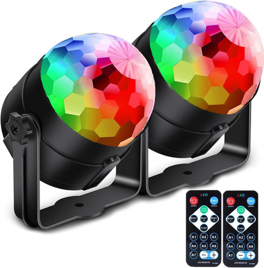 Pack of 2, Remote Control Portable Sound Activated Party Lights for Indoor, with Suction Cup and 4 Meters USB Power Cable, Dj Lighting, RBG Disco Ball, Strobe Lamp Stage Par Light for Room Dance