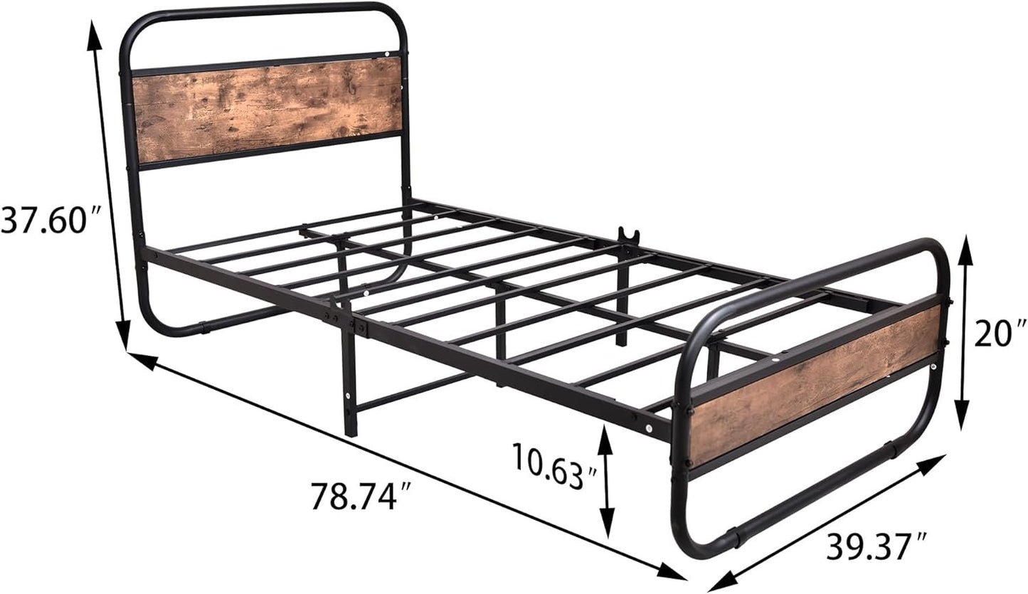 HAHRIR Metal Black Bed Frame with Wooden Headboard and Footboard, Heavy Duty Oval-Shaped Platform Bed with Under-Bed Storage, Steel Slats Mattress Foundation Round Pipe Design(Twin XL Size，Brown
