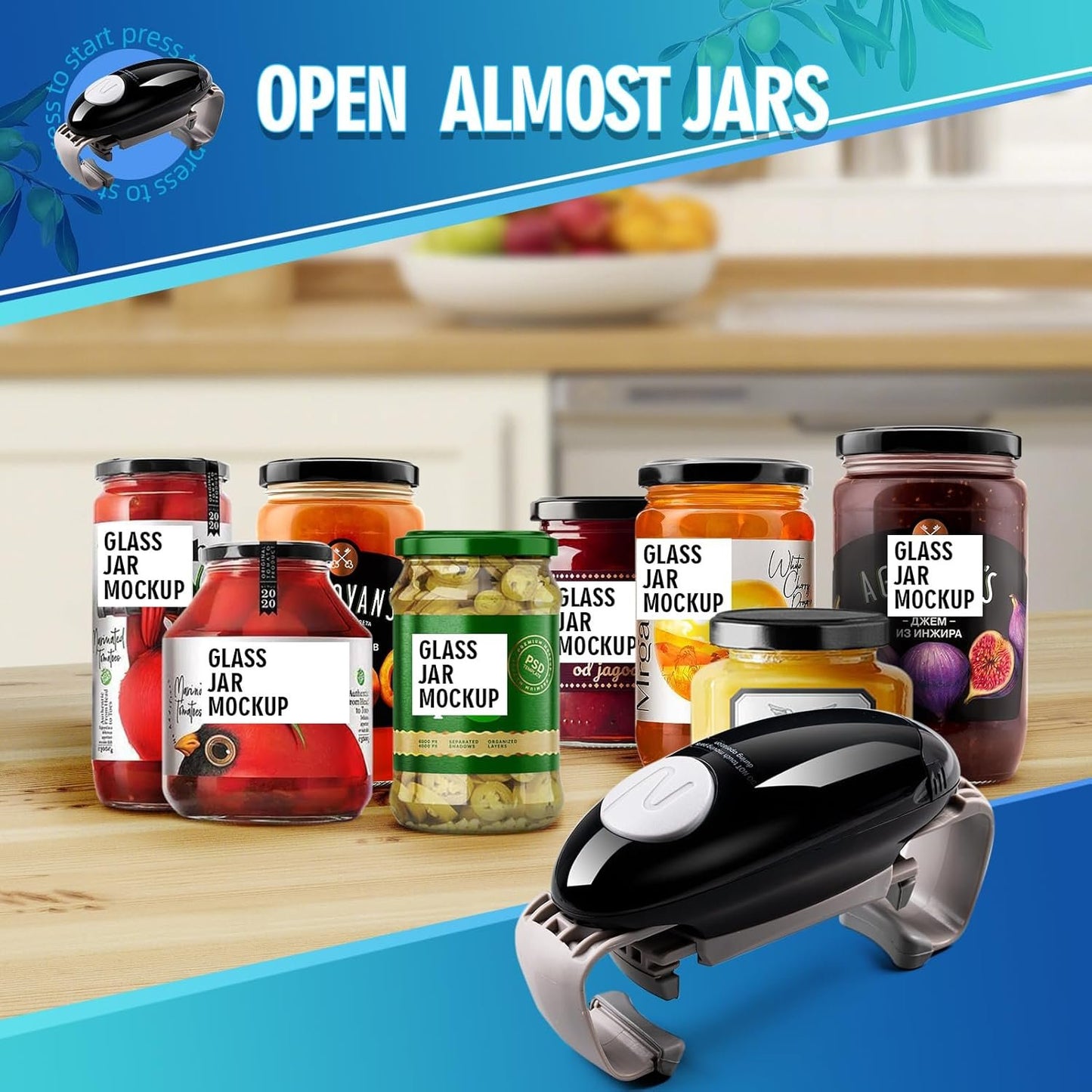YUET Electric Jar Opener - Portable, Strong, and Hands-Free Automatic Opener for New Sealed Jars - Kitchen Gadget Tool with Large Push Button and Sharp Edge-Free Design (Black)
