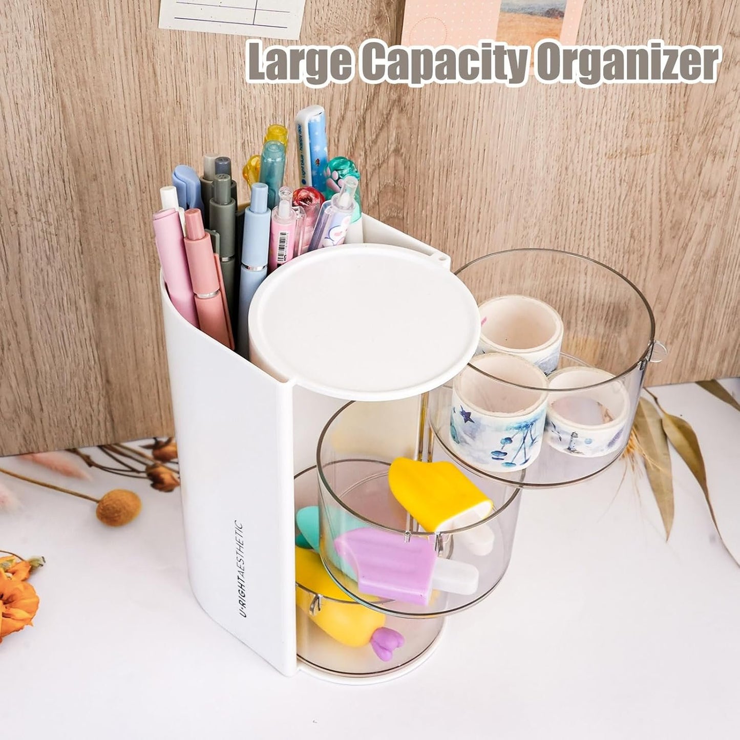 WCHOSOZH 3-Tier Clear Hair Accessories Organizer with Hair Brushes Holder, Rotatable Drawer Makeup Sponge Holder Desktop Organizer Case for Makeup Brushes,Lipsticks,Q-tip,Stationeries (White)