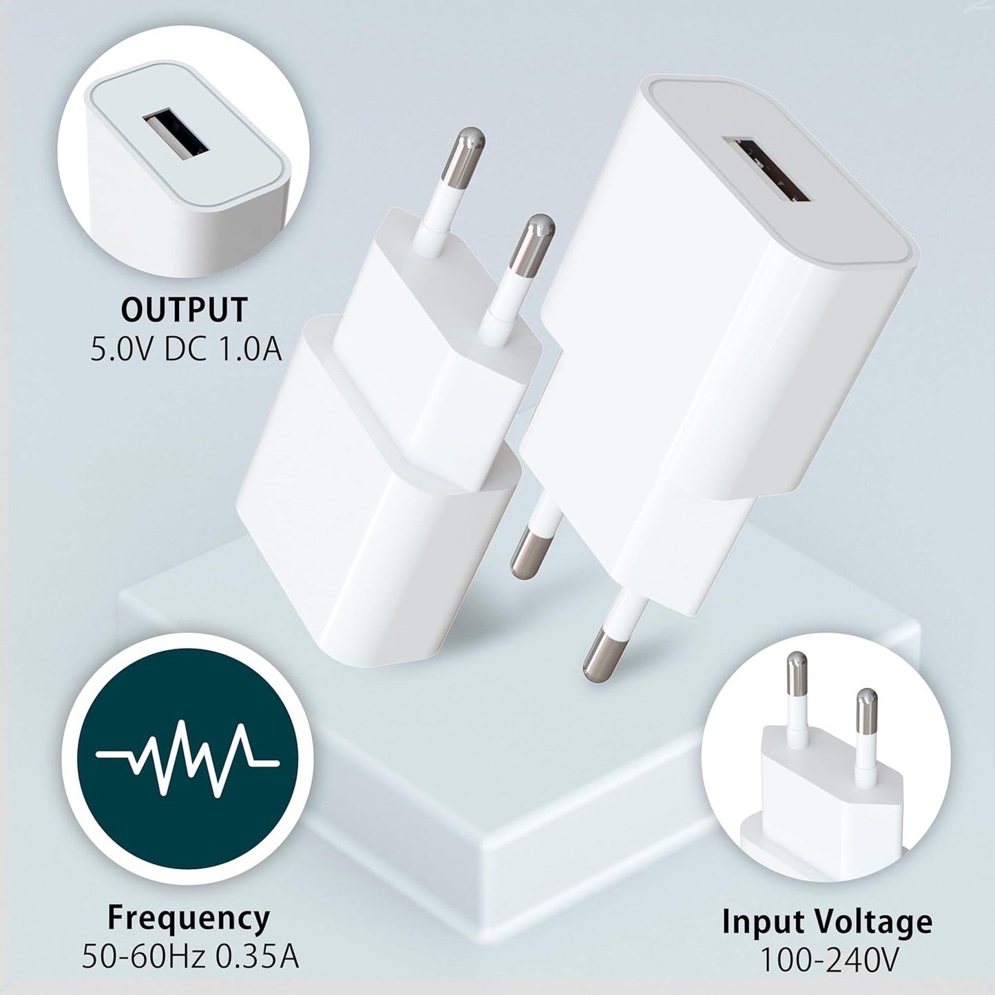 MyGadget 2x USB Wall Charger - Universal Charger (1A / 5V) - Portable Battery Charger and Compatible with Samsung/Huawei - White