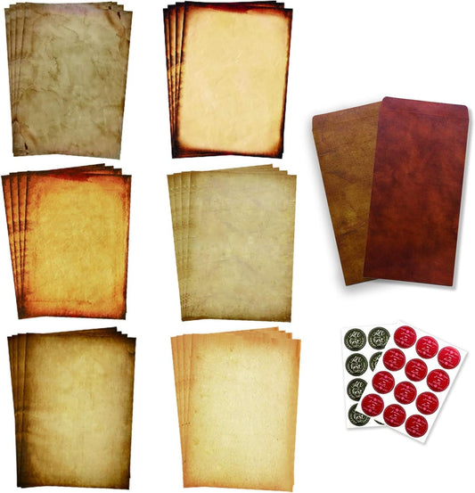 Antique Stationary Paper and Envelopes Set – Vintage Parchment Paper Old Fashioned Letter Stationery for Printing, Invitation and Calligraphy – 48 Writing Paper with 24 Envelopes Included
