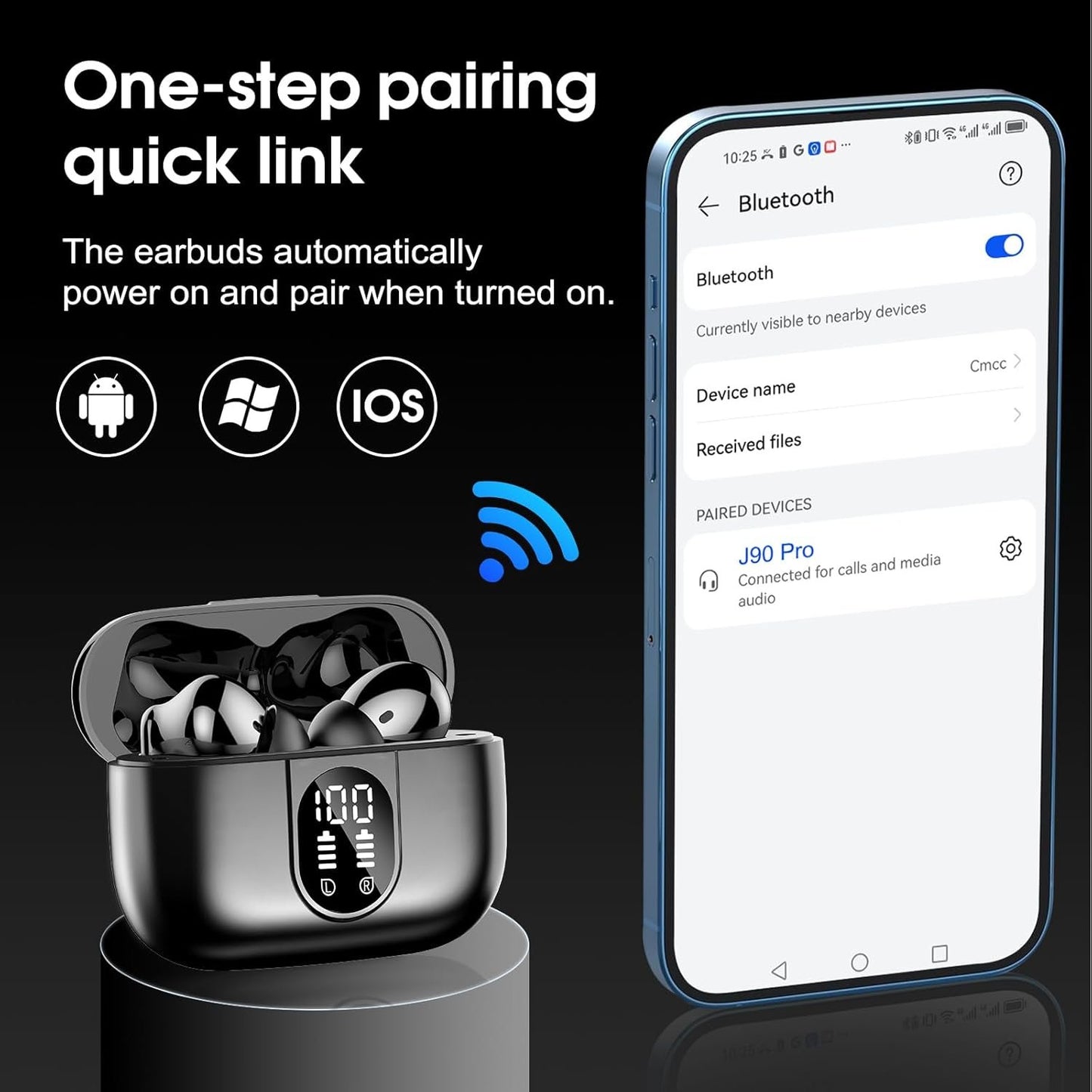 Wireless Earbuds, 2025 Bluetooth 5.3 Headphones HiFi Stereo Ear Bud, 40Hrs Playtime Bluetooth Earbuds with 4 ENC Noise Cancelling Mics, IP7 Waterproof, LED Display Wireless Earphones for Android/iOS