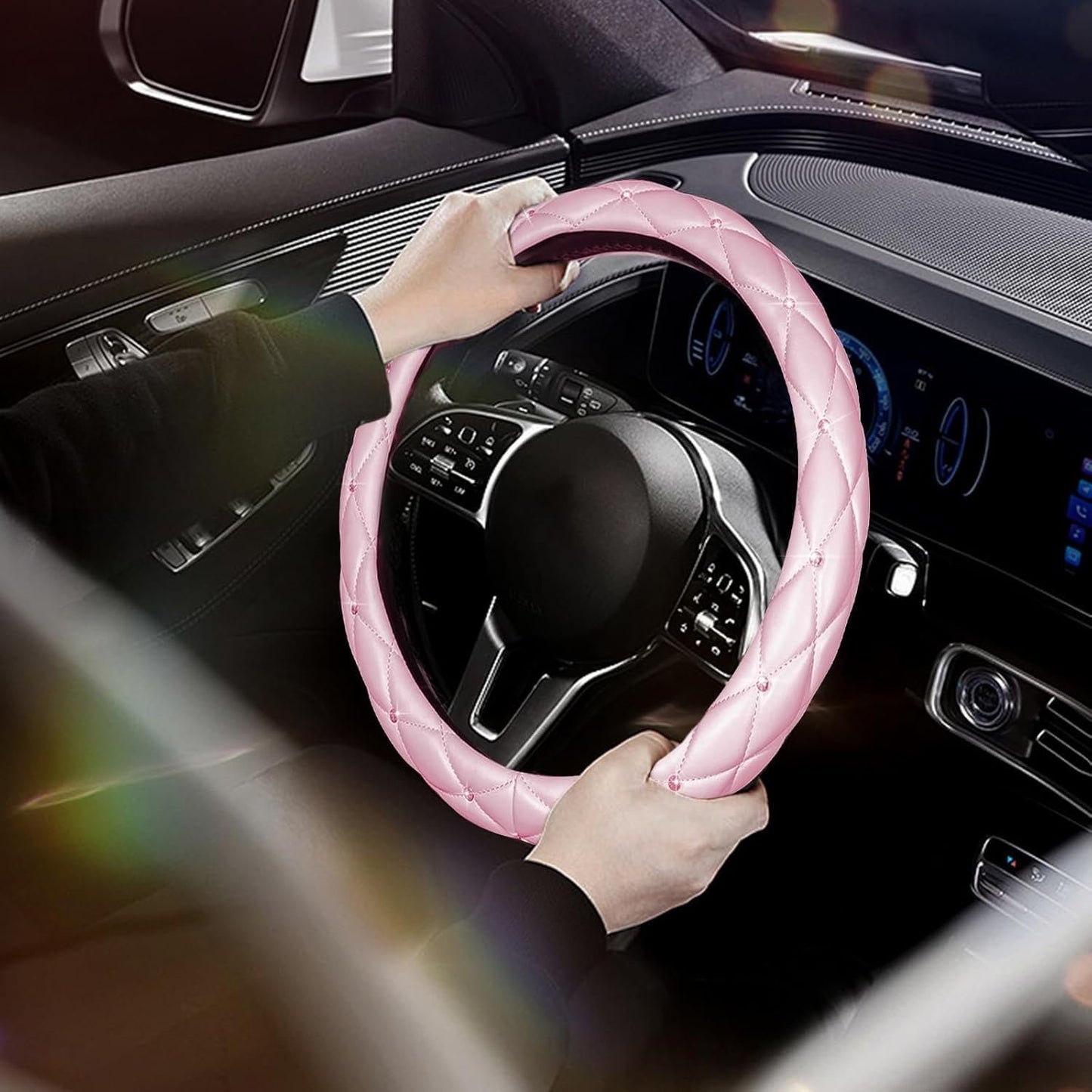 SuperKaKa Pink Steering Wheel Cover, Auto Cute PU Diamond Bling Breathable Slip-Proof Soft Comfort Leather Car Interior Accessories Protector Sparkly Fit Most O-Shaped Steering Wheels for Women Men