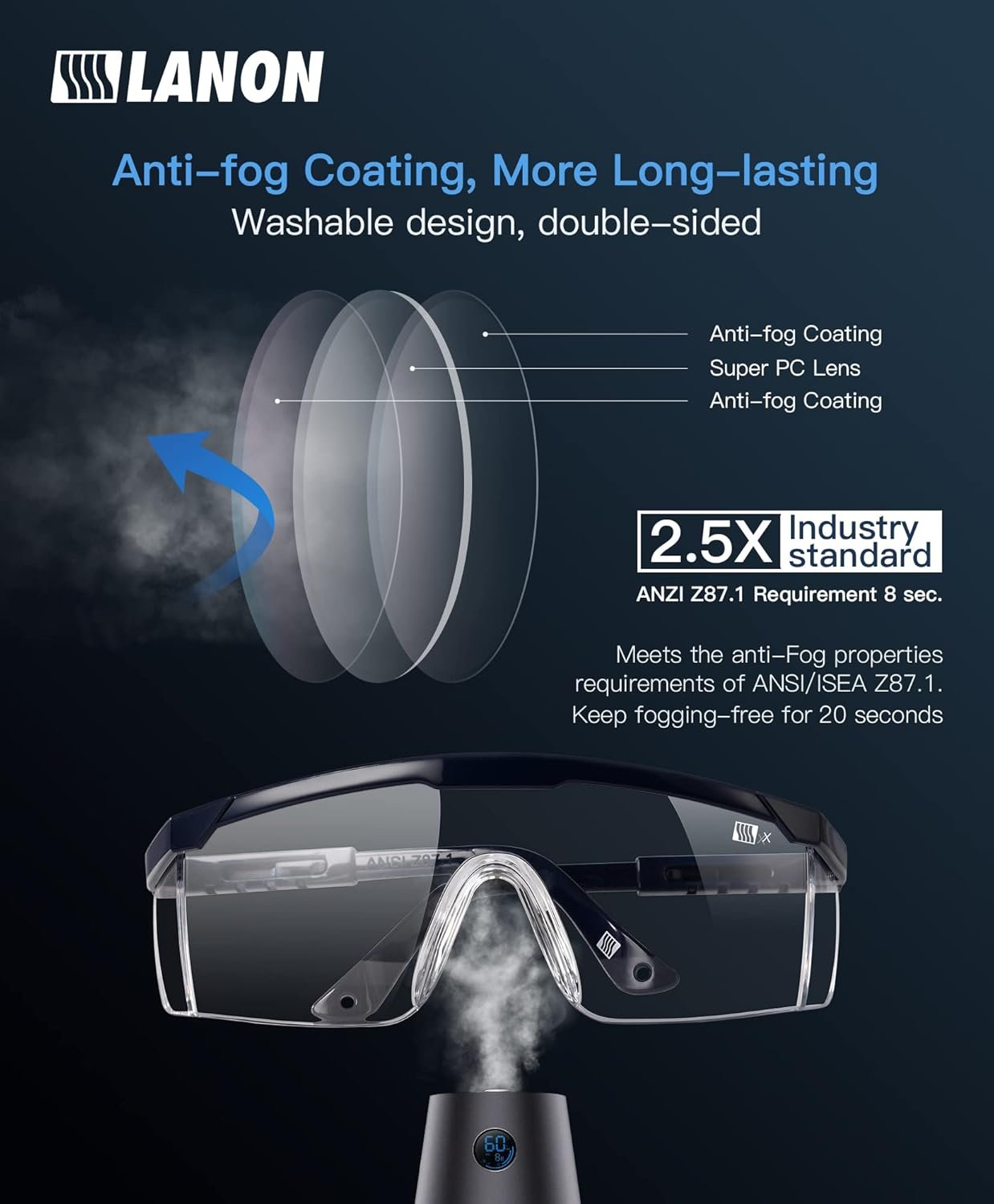 LANON ANSI Z87+ Safety Glasses,3X Anti-Fog Safety Goggles with Adjustable Temples, Scratch Resistant,Side Protection, Clear Protective Eyewear, Lab Goggles