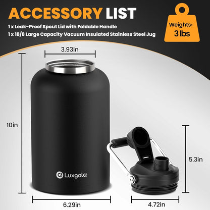 Luxgola 128 oz Insulated Water Bottle with Spout Lid and Handle, One Gallon Stainless Steel Large Double Vacuum Water Jug for Cold & Hot Drinks - Sweat Proof, Great for Travel, Gym, Camping - Black