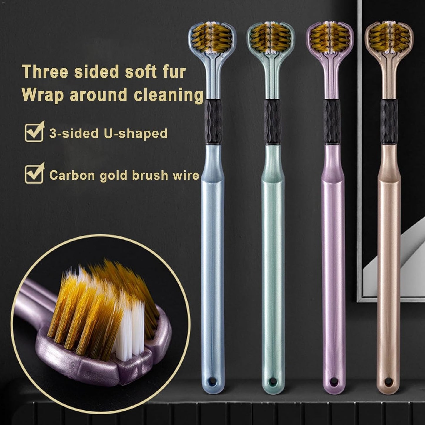 4-Piece Set of 3-Sided Toothbrush for Adults - Soft Hair Bristles for Deep and Thorough Cleaning of Teeth and Gums - Comprehensive Oral Care
