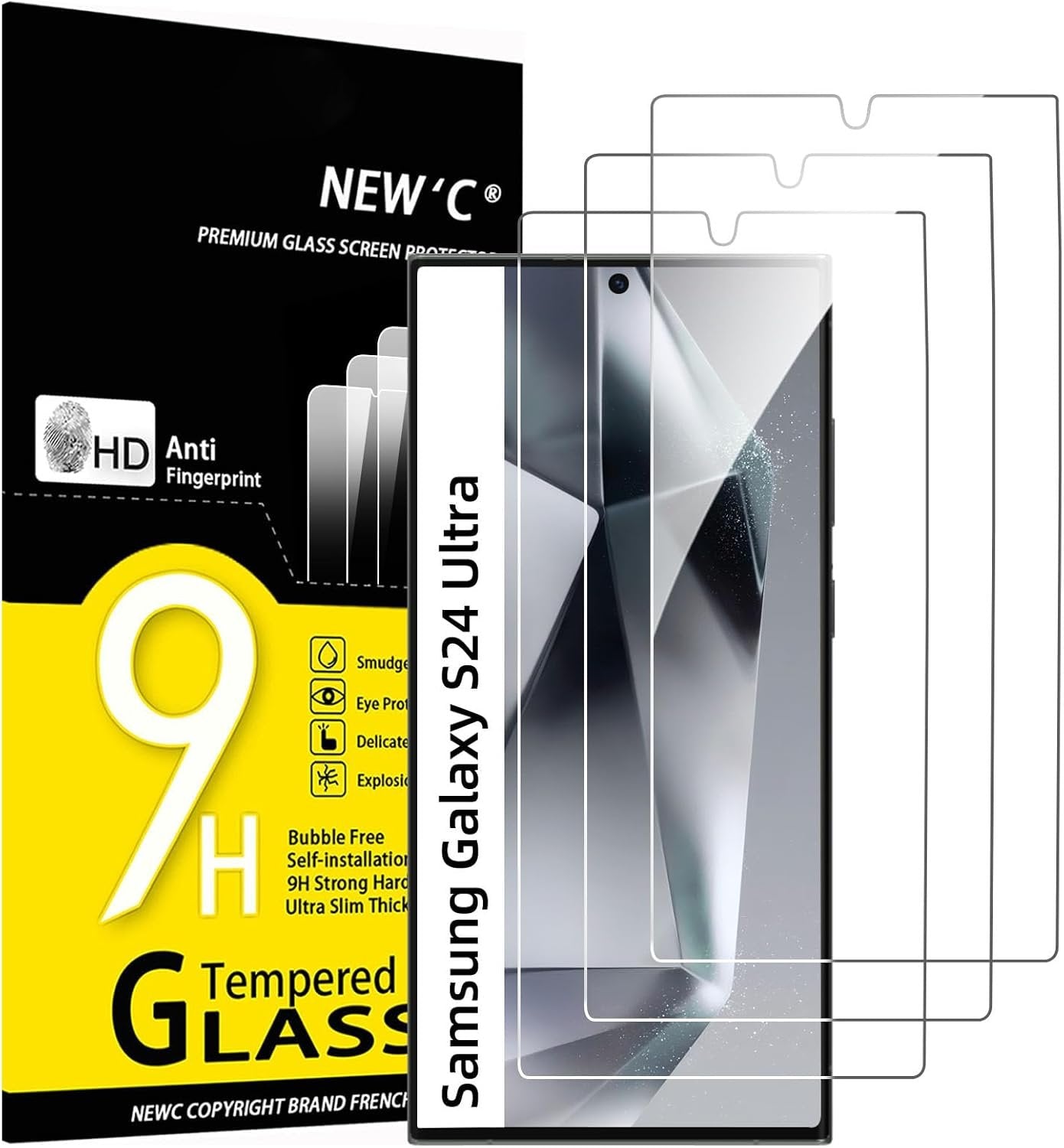 NEW'C 3 Pack Designed for Samsung Galaxy S24 Ultra (No for S24/S24 Plus) Screen Protector Tempered Glass,Case Friendly Scratch-proof, Bubble Free, Ultra Resistant