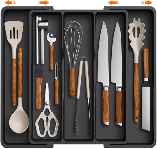 Lifewit Utensil Drawer Organiser,Expandable Large Cutlery Tray for Kitchen,kitchen storage & organisation,Silverware Flatware Holder, Plastic Kitchen Spatula Tools and Gadgets Storage Divider, Black