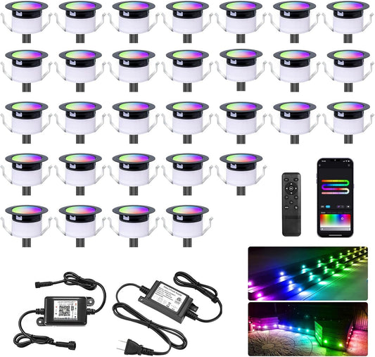 LED Deck Lights Kit 30Pack, Φ31mm Low Voltage Smart WiFi RGBW+IC Multicolor Dynamic Recessed Deck Step Lighting IP67 Waterproof Outdoor Lights for Stairs, Wedge, Deck, Patio - Black Shell