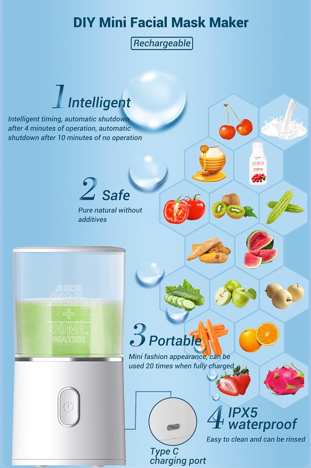 WAONIQ Face Mask Maker Machine, DIY Natural Fruit & Vegetable Mask with 32Pcs Collagen, Automatic Facial Skin Care Machine for SPA Treatments (Rechargeable)