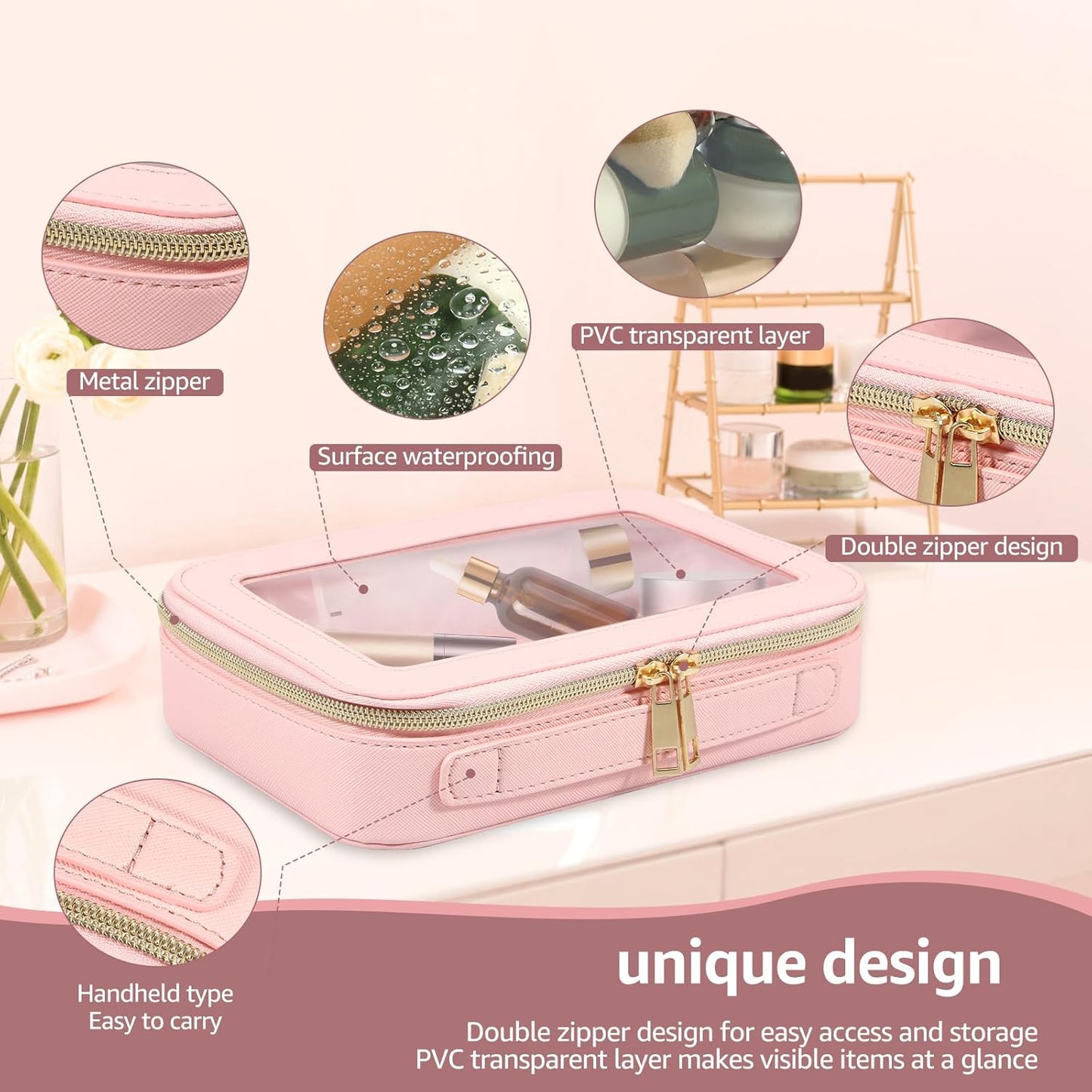 Clear Makeup Bags, Large Capacity Transparent Cosmetic Bags, Waterproof Toiletry Travel Bag, Stylish Makeup Pouch with Double Zippers for Travel Bathroom Men Women Vocation (Pink)