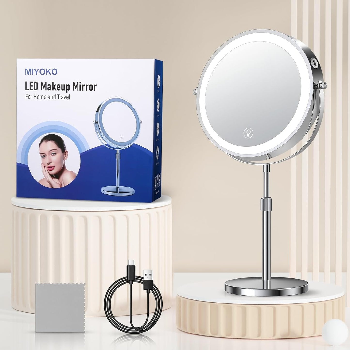 Lighted Makeup Mirror with Height Adjustable, 9” Rechargeable LED Magnifying Mirror with 3 Dimmable Colors, 1X 10X Double Sided Vanity Mirror with Lights, 360° Rotation Touch Screen Makeup Mirror