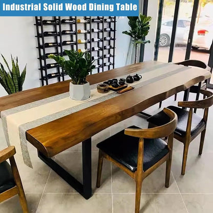 Industrial Solid Wood Dining Table,Rectangle Live Edge Kitchen Table,Rustic Pine Table Top & Metal Base,Large Long Rustic Dining Table for 2,4,6,8(47.2" L x 23.6" W x 29.5" H)