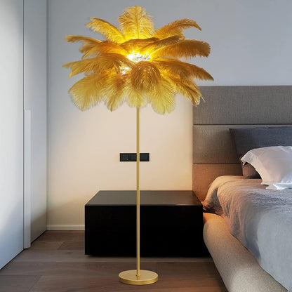 Floor Lamps for Living Room Bright Lighting with Feather Lampshade, Modern Ostrich Feather Floor Lamp with LED Bulbs Standing Lamp for Beroom, Office,Gold,Large
