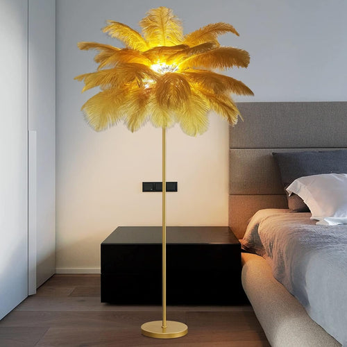 Floor Lamps for Living Room Bright Lighting with Feather Lampshade, Modern Ostrich Feather Floor Lamp with LED Bulbs Standing Lamp for Beroom, Office,Gold,Large