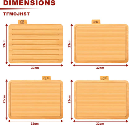 4 Pieces Bamboo Chopping Board with Stand, Thick Cutting Boards Set with Juice Groove, Serving Tray, Cheese Board Mats and Holder, for Cutting Meat, Fruits, Vegetables, Kitchen Tools Gadgets