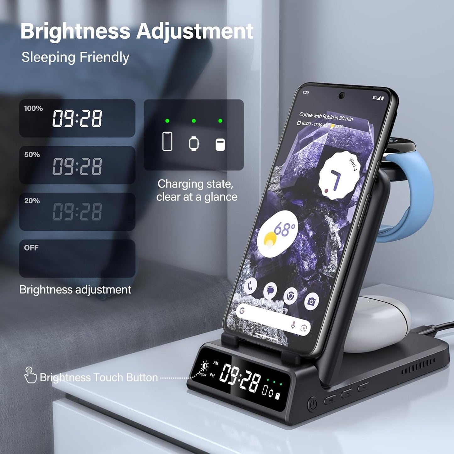 SwanScout 703G2 Wireless Charger for Google Watch 3/2, 4 in 1 Foldable Charging Station for Google Pixel 9 Pro/9 Pro XL/9/8 Pro/8A/8/7A/Fold/7/7 Pro/6/6 Pro, Pixel Buds Pro