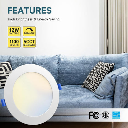 ECOELER 6 Inch 5CCT Ultra-Thin LED Recessed Ceiling Light with Junction Box, 2700K/3000K/4000K/5000K/6000K Selectable, 12W 1100Lm, Dimmable Canless Wafer Downlight, ETL&FCC Approved