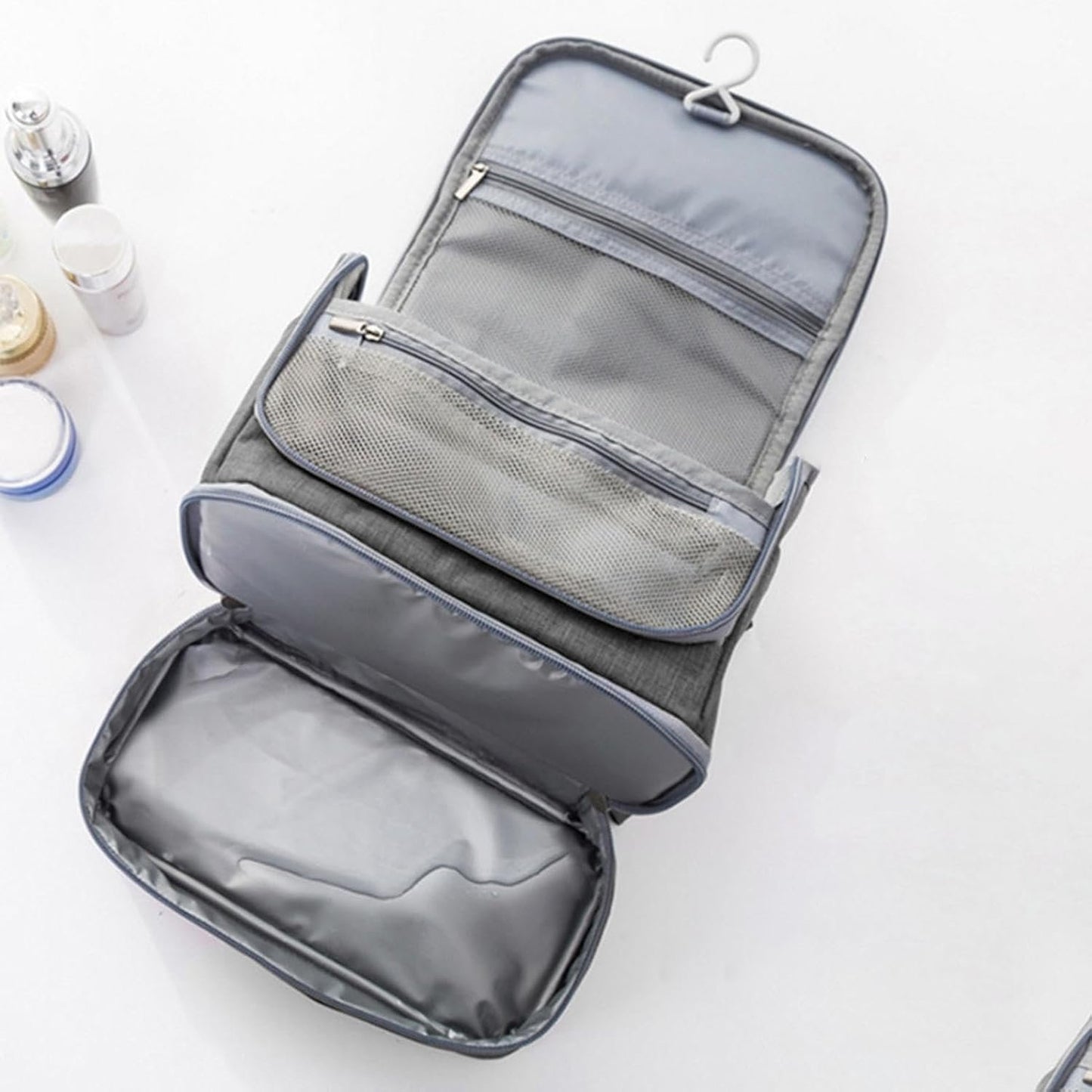 Travel Storage Bag, Compact Travel Organizer, Home Travel Organizer, Toiletry Storage Bag, Travel Hygiene Kit, Wet Dry Organizer, Travel Bag Storage With Hook for Home Travel, Gray, riferimento