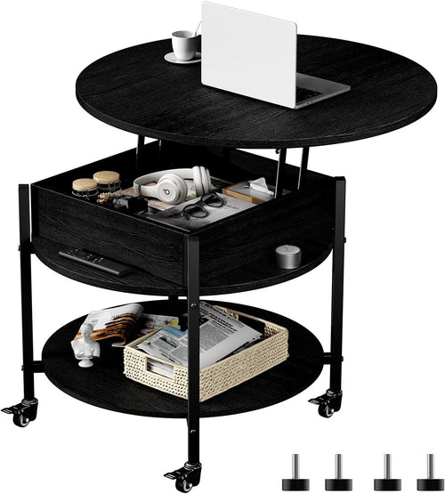 Ablefurn Mid Century Black Coffee Table, 26.77” Lift Top Coffee Table with Removeable Wheels, Hidden Compartment and Open Shelf, Wood Lift Tabletop Central Dining Table for Living Room, Home Office