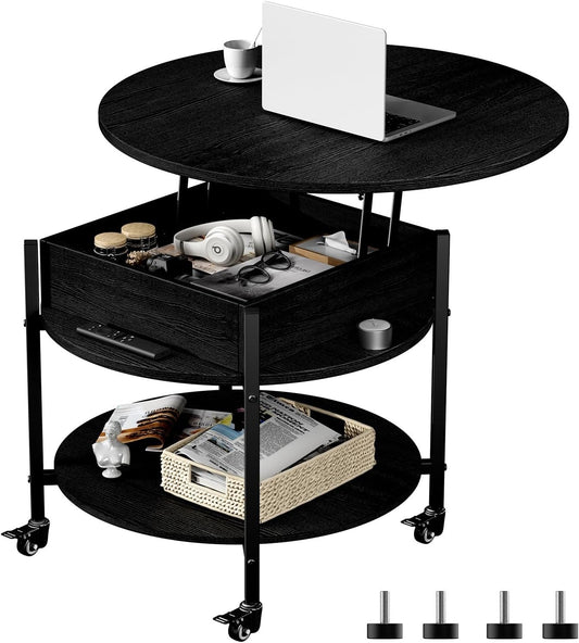 Ablefurn Mid Century Black Coffee Table, 26.77” Lift Top Coffee Table with Removeable Wheels, Hidden Compartment and Open Shelf, Wood Lift Tabletop Central Dining Table for Living Room, Home Office