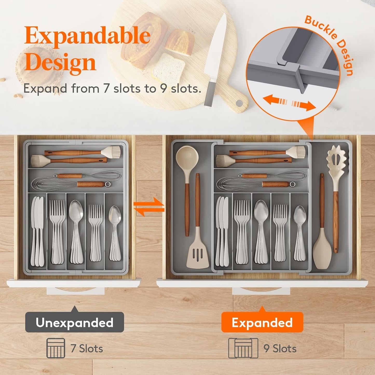 Lifewit Expandable Silverware Drawer Organizer, 16.7 inches Deep Adjustable Utensil Cutlery Tray for kitchen, Plastic Flatware Spoon Fork Knives Holder Storage Divider, 7 Compartment, 1 Pack, Gray