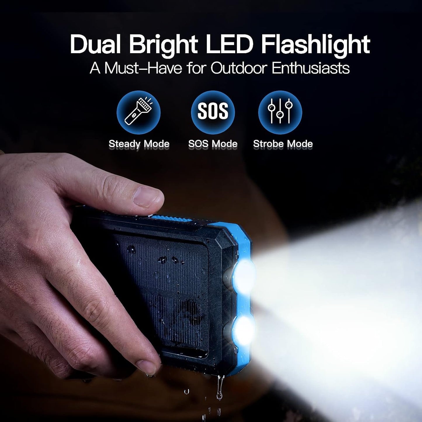 Solar Charger, 20000mAh Portable Outdoor Waterproof Solar Power Bank, Camping External Backup Battery Pack Dual 5V USB Ports Output, 2 Led Light Flashlight with Compass (Blue)