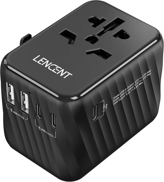 LENCENT 6-in-1 Travel Adapter, 28W Fast Charging (3 USB-C + 2 USB-A), Universal Power Adapter for 200+ Countries - Black
