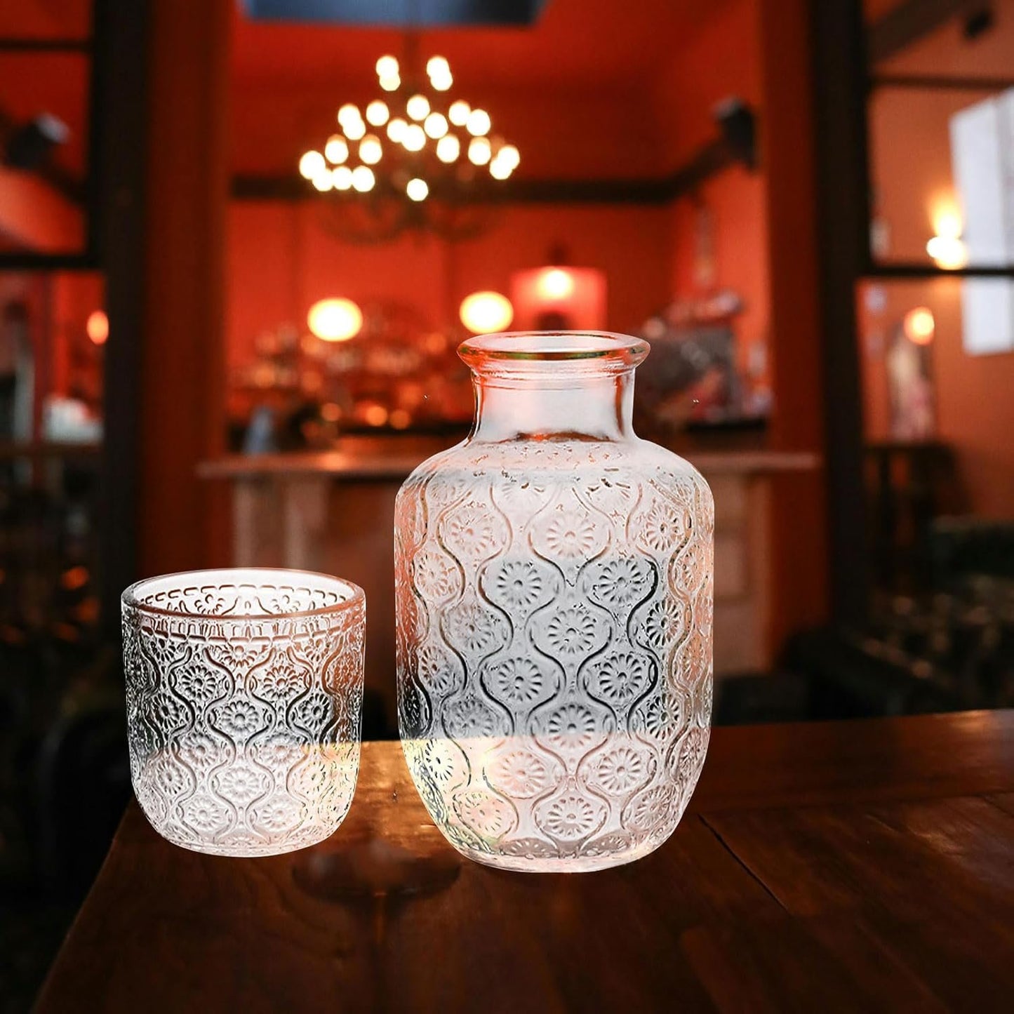 Bedside Water Carafe Set, Crystal Glass Pitcher and Drinking Cup Lid Bathroom Mouthwash Carafe for Guest Room,Bedroom,Night Drinking,Gift (Transparent)
