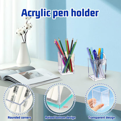 Prmape 6 Pieces Acrylic Pen Holder, Clear Make Up Brush Holder, Square Desk Pencil Holder for School Home Bathroom Office Desk Accessories