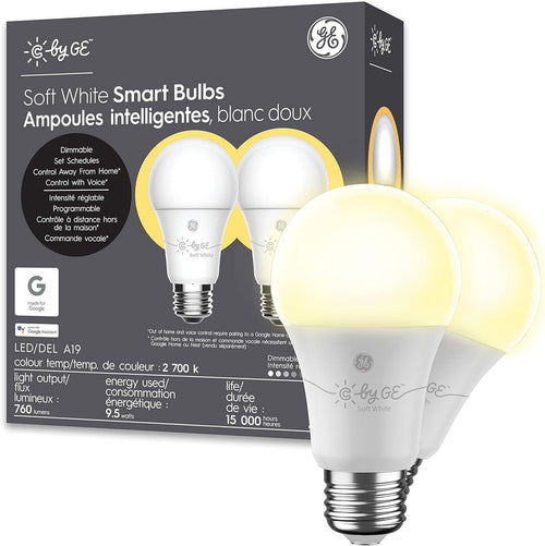 GE Lighting Cync A19 Smart Indoor Light, Works with Alexa and Google Assistant, Connected LED Bulb, 2-Pack, Soft White CLEDA199L2/SCA19