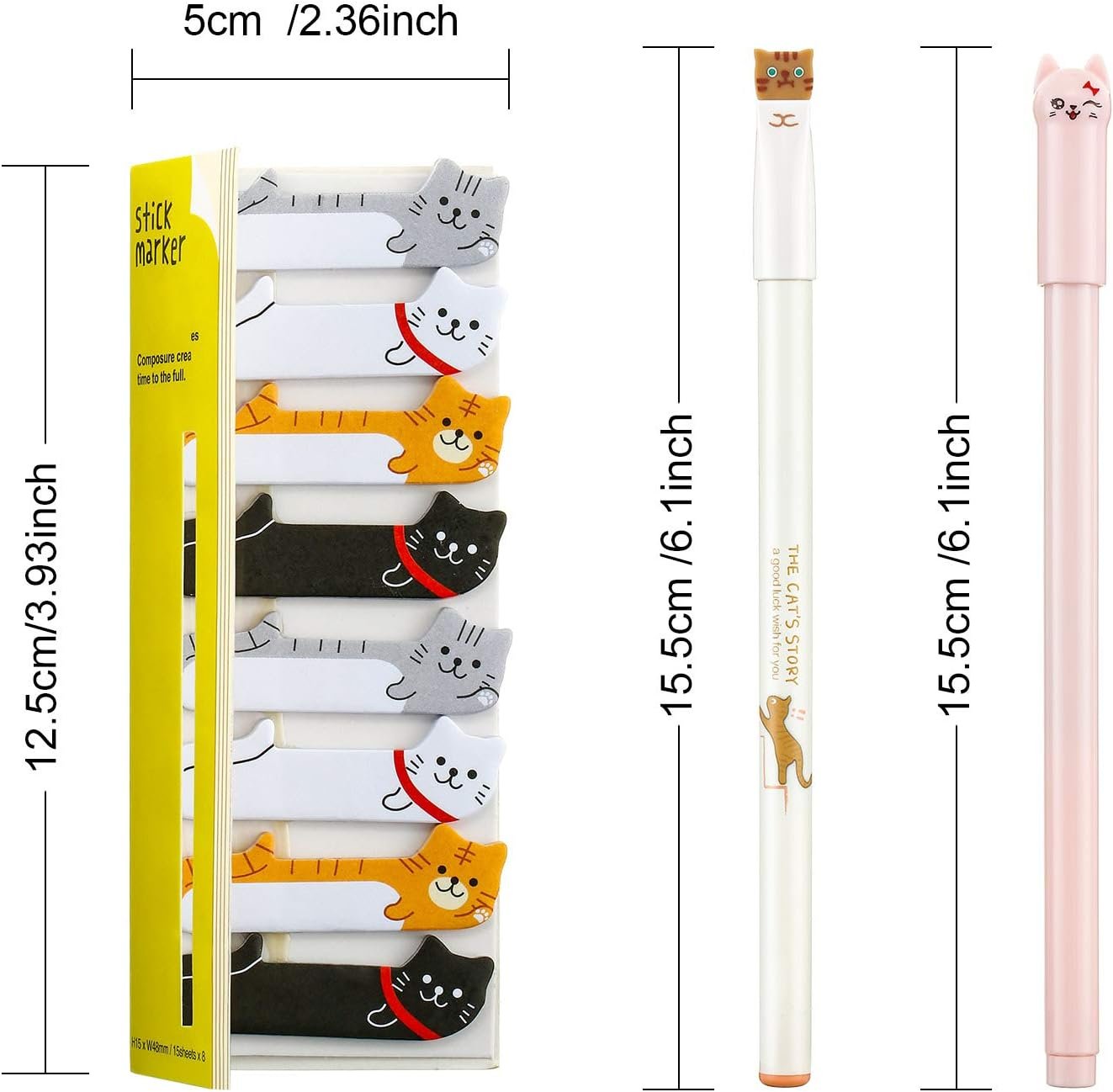 12 Pieces Cute Cat Pens Cats Design Gel Ink Pens Kawaii Writing Pen and 320 Pieces Cute Cat Sticky Notes Page Bookmarks Flags Tab for Cat Lovers Kids Stationery School Office Supplies