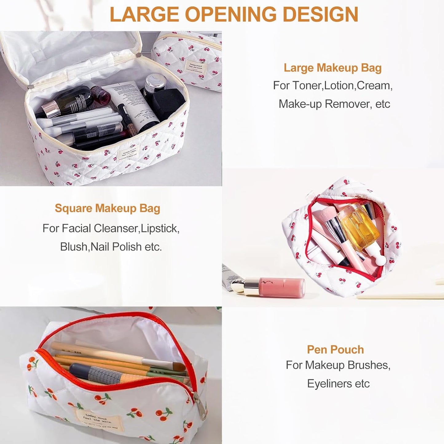 TOPALL Women's Travel Beauty Case, Large Cosmetic Bag for Travel, Make-Up Bag for Women, Updated Cotton Leather, Toiletry Makeup Bag Organizer, 2-Red Cherry (Large+Medium+Pouch)