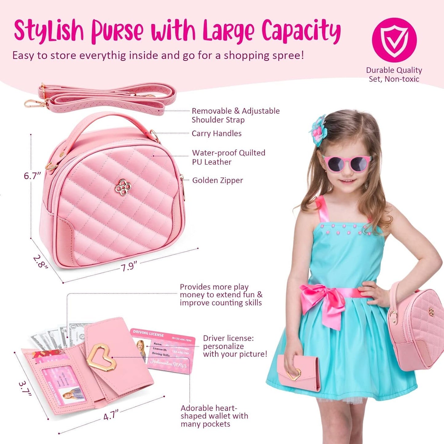 Kids Pretend Play Little Girl Purse Accessories, Princess Toy Cell Phone w/ Light & Sound, Fake Makeup, Wallet, Keys, Credit Card, Play Water Bottle Valentine Birthday Gift Toys for Girls