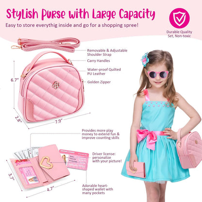 Kids Pretend Play Little Girl Purse Accessories, Princess Toy Cell Phone w/ Light & Sound, Fake Makeup, Wallet, Keys, Credit Card, Play Water Bottle Valentine Birthday Gift Toys for Girls