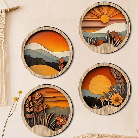 Tuxuseo Boho Wood Wall Decoration, Bohemian Wall Decoration for Bedroom, 4 Round Wooden Frames, 20 x 20 cm, Geometric Art for Home, Hallway, Entrance Area, Windowsill
