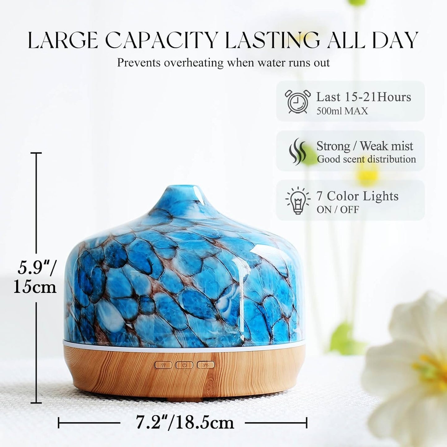 Porseme 500ml Essential Oil Diffuser, Aroma Ultrasonic Humidifier with Remote Control, BPA Free, Auto Shut-Off, Timer Setting for Large Room