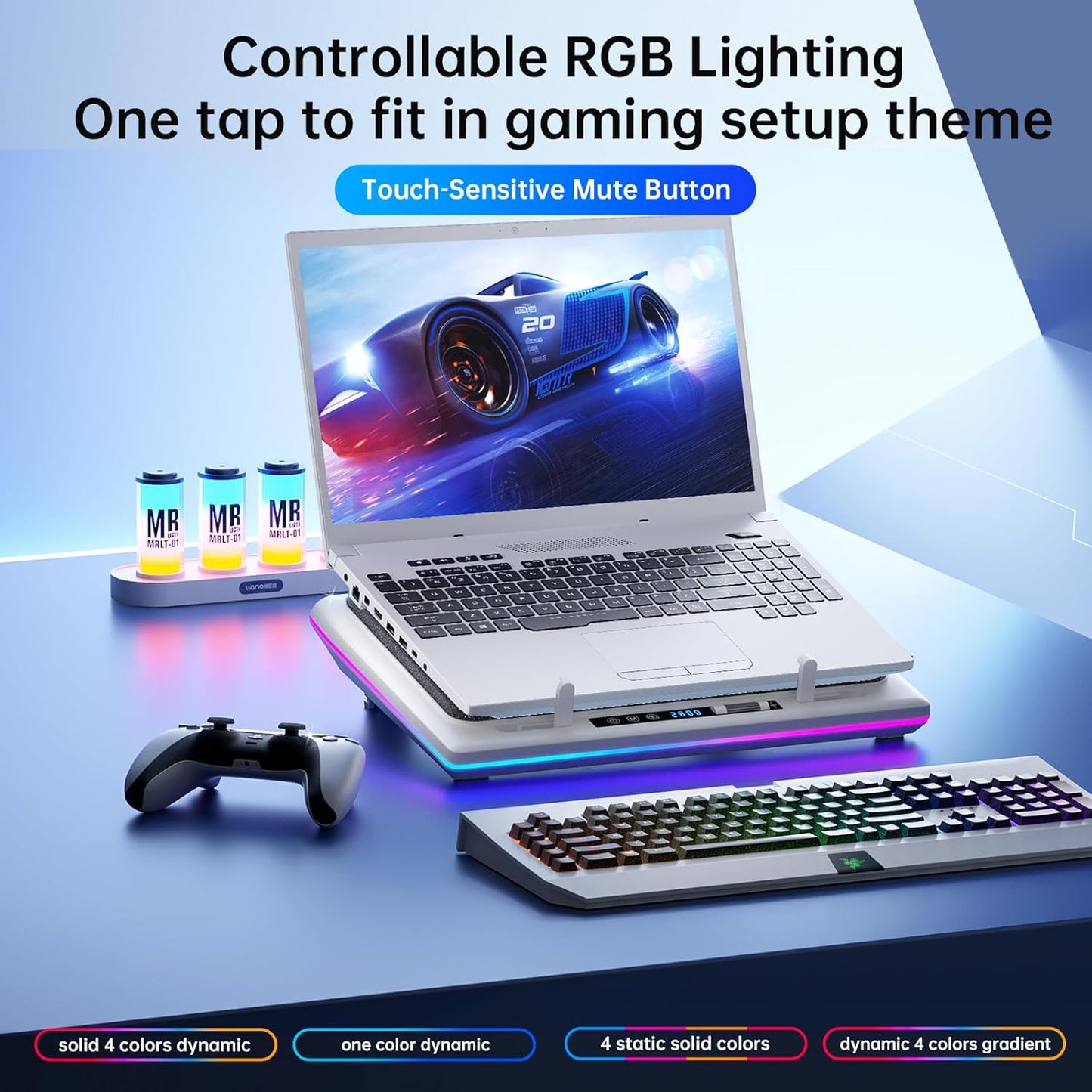 llano RGB Laptop Cooling Pad with Powerful Turbofan, Gaming Laptop Cooler with Infinitely Variable Speed,Touch Control,LCD Screen,Seal Foam for Rapid Cooling Laptop15-19in (White)