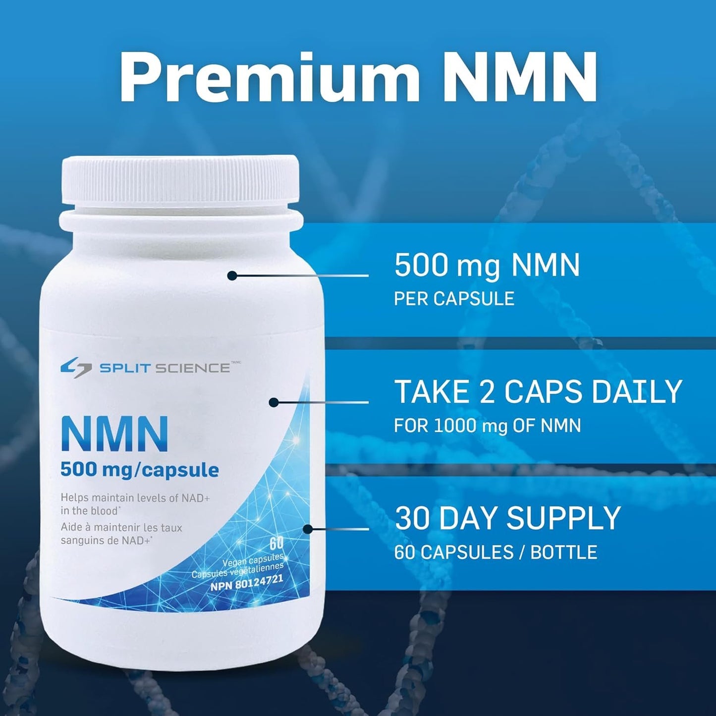 Canadian-Made Highly Purified Split Science NMN30000 | NAD+ Booster | Ultra High Potency 500 mg per Capsule | 60 Easy-to-swallow Capsules | Enhanced Energy and Endurance, Cellular Support, Cognitive Health | Vegan Capsules
