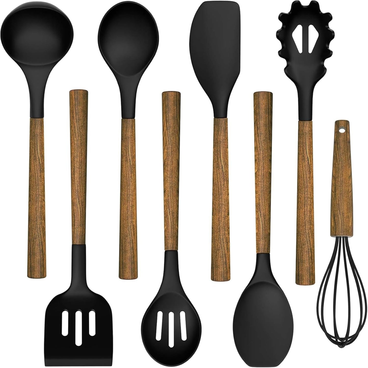 Silicone Cooking Utensils Kitchen Utensil Set - Umite Chef 9 PCS 446°F Heat Resistant Kitchen Gadgets Tools Set with Wooden Handles for Nonstick Cookware (BPA Free, Black)